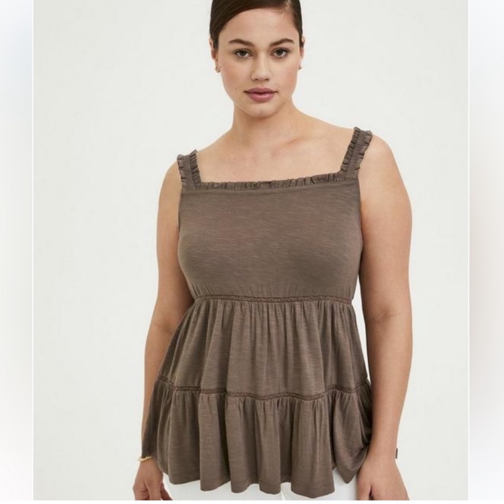Torrid Super Soft Slub Off-Shoulder
Babydoll Tiered Ruffled Tank Top Brown 3X